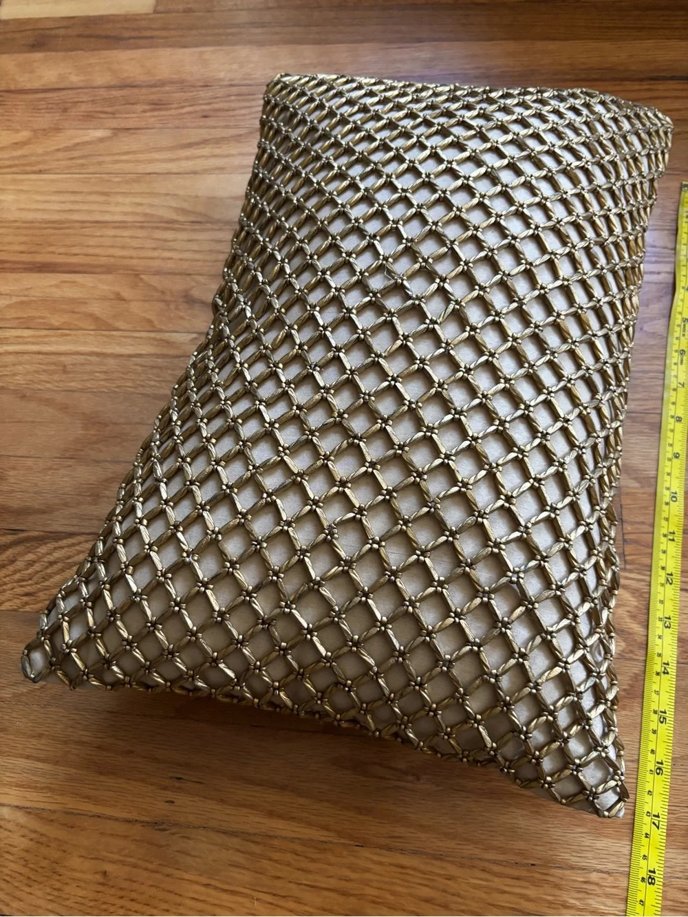 Decorative Beige Pillow with Gold Metallic beaded Net Accent